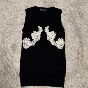 Dolce & Gabbana Black 100% Cashmere Sleeveless Sweater with White Lace Detail